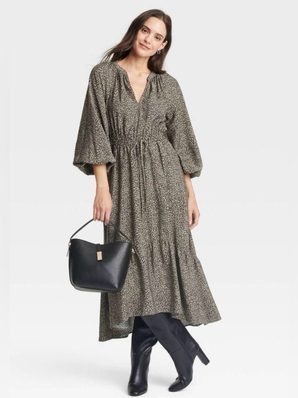 A New Day Leopard Print Balloon Sleeve V-Neck Tiered Midi Dress